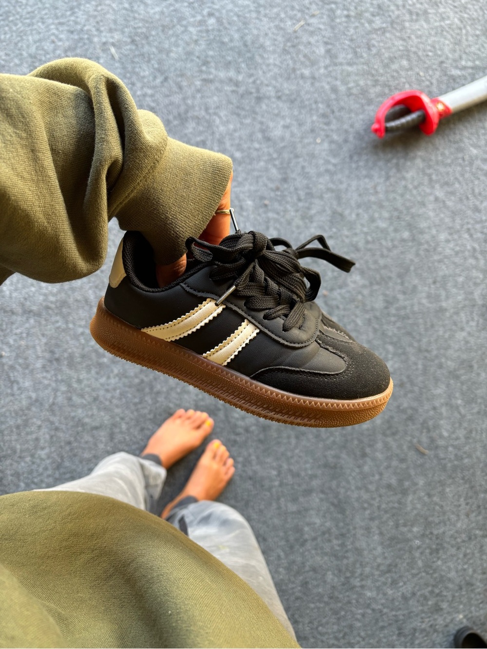 Kids Black Athletic Sneakers with Cream Stripes and Gum Sole (never worn)